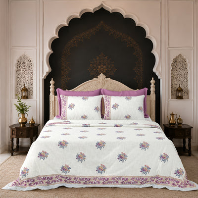 Purple & Multi-Color Floral Block Print Double Bed Cover Set in TNT Fabric (Textured Natural Touch)