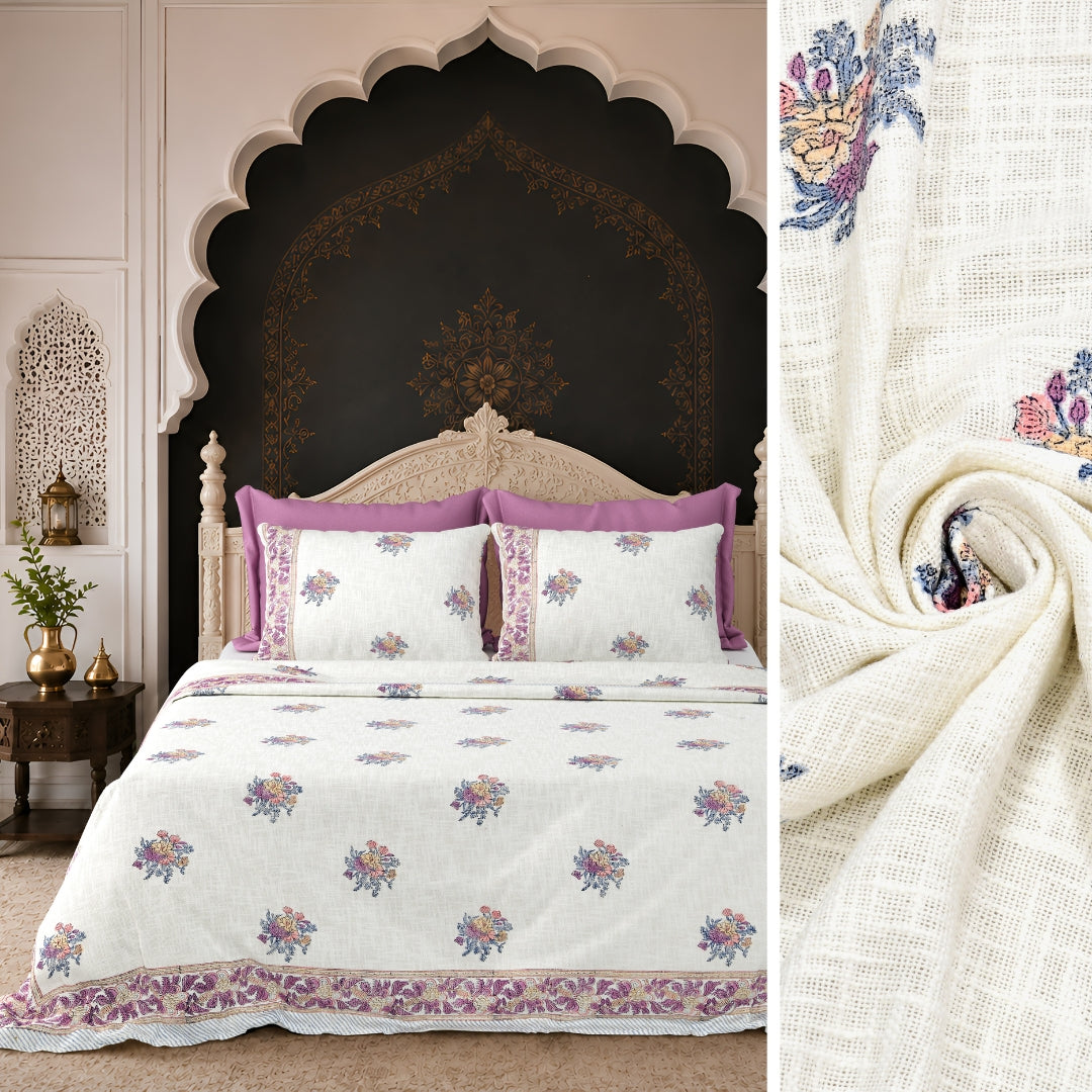 Purple & Multi-Color Floral Block Print Double Bed Cover Set in TNT Fabric (Textured Natural Touch)