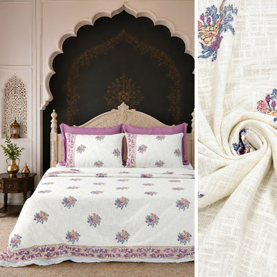Purple & Multi-Color Floral Block Print Double Bed Cover Set in TNT Fabric (Textured Natural Touch)