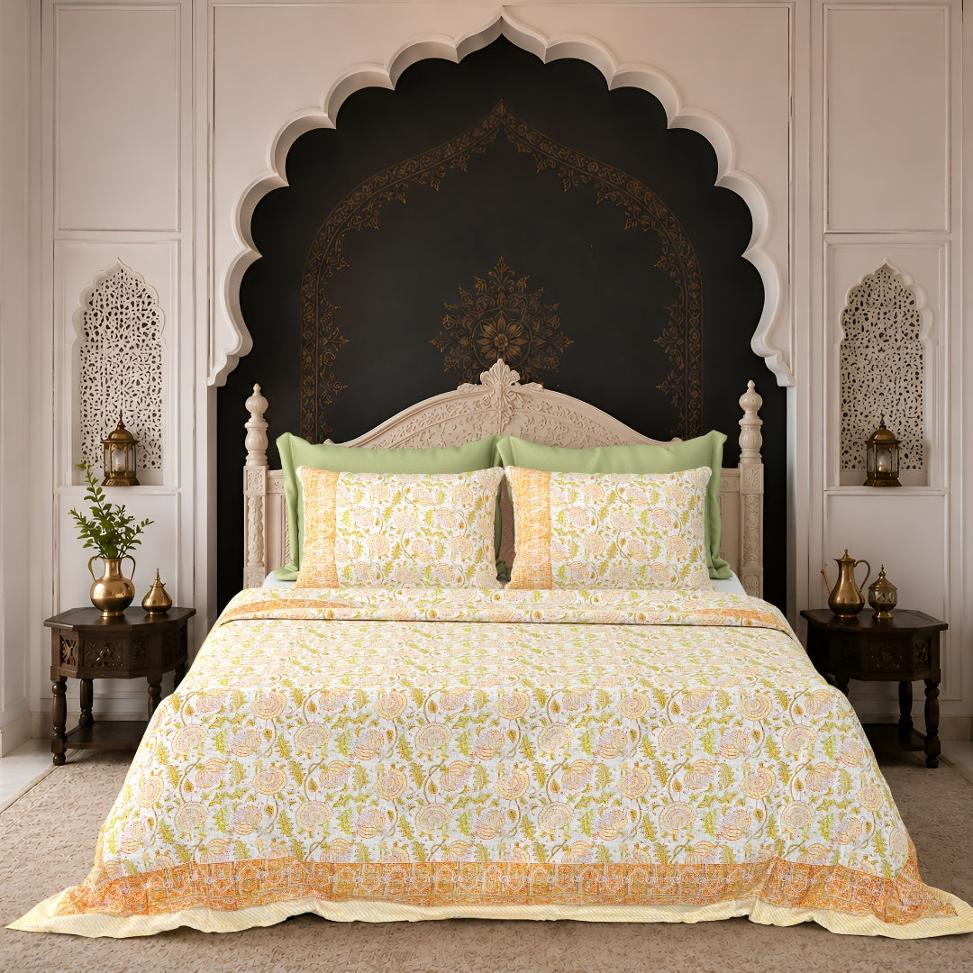 Yellow & Green Floral Jaipuri Block Print Double Bed Cover Set in TNT Fabric (Textured Natural Touch)