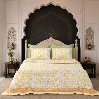 Yellow & Green Floral Jaipuri Block Print Double Bed Cover Set in TNT Fabric (Textured Natural Touch)