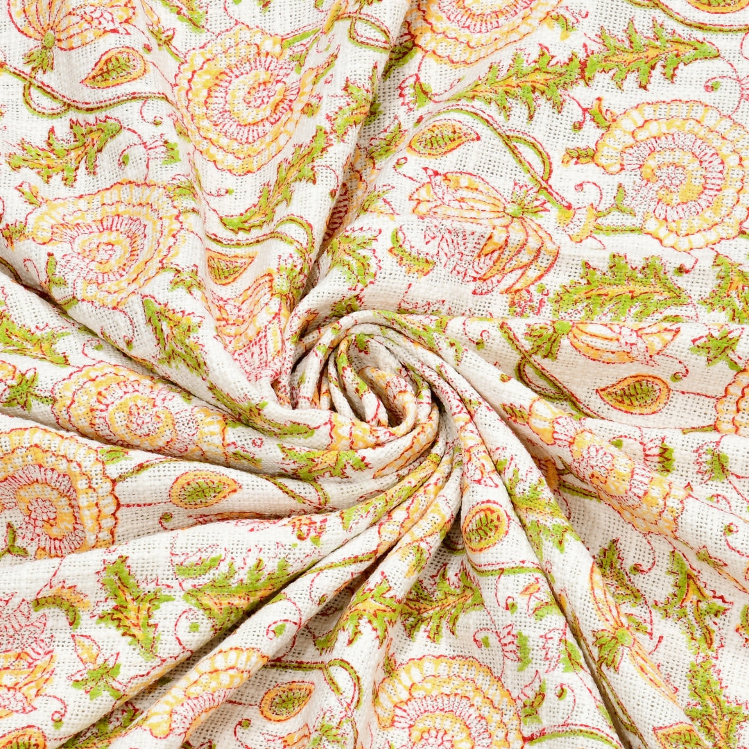 Yellow & Green Floral Jaipuri Block Print Double Bed Cover Set in TNT Fabric (Textured Natural Touch)