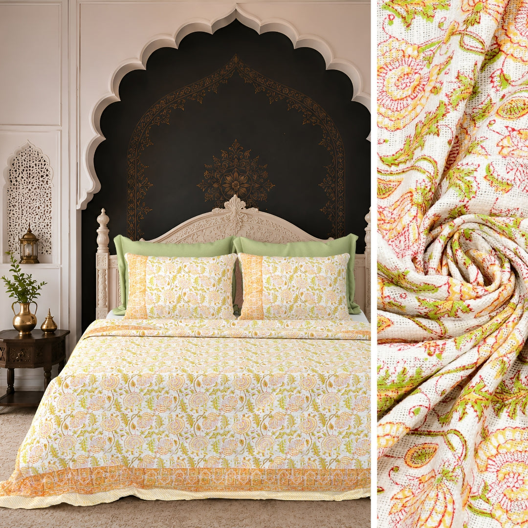 Yellow & Green Floral Jaipuri Block Print Double Bed Cover Set in TNT Fabric (Textured Natural Touch)
