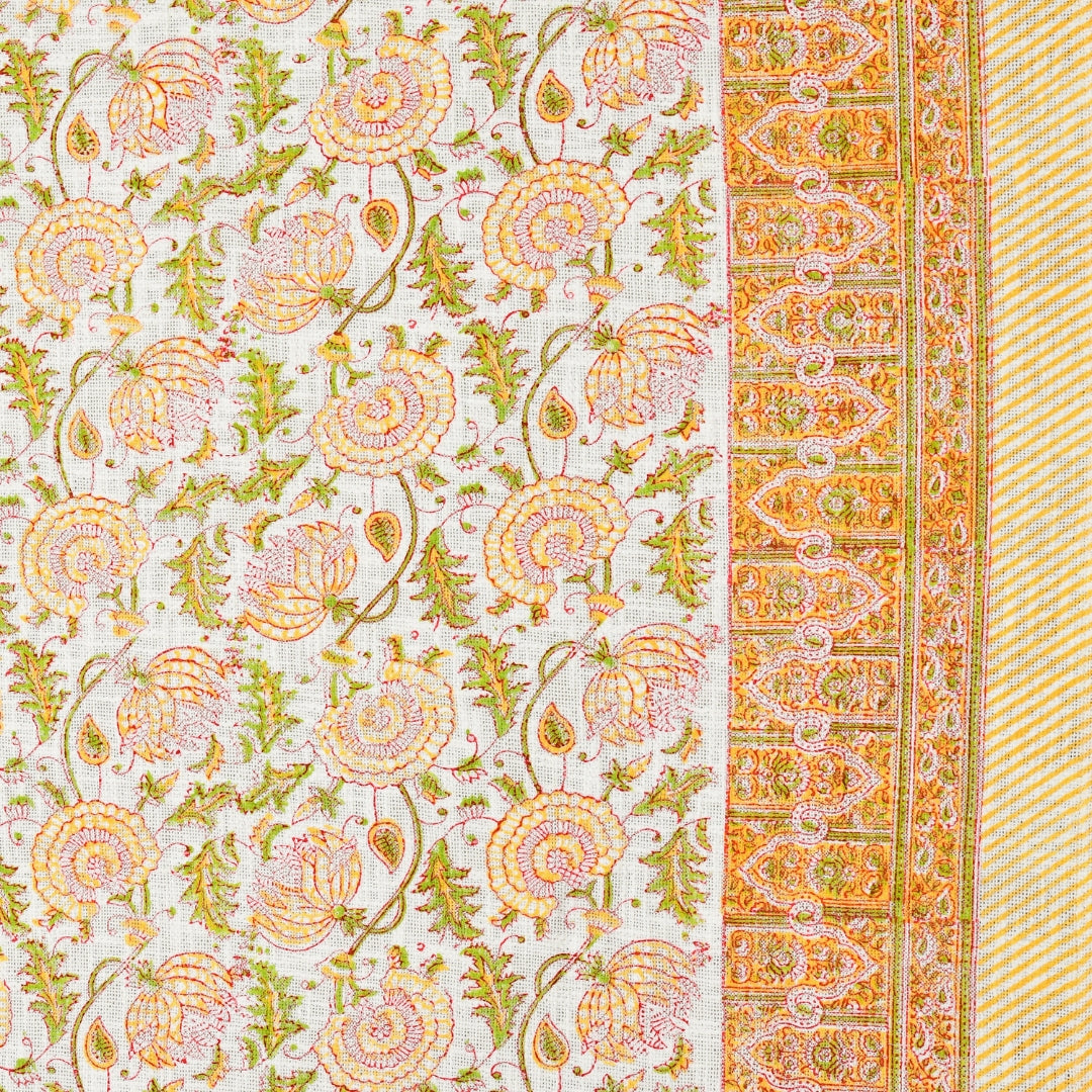 Yellow & Green Floral Jaipuri Block Print Double Bed Cover Set in TNT Fabric (Textured Natural Touch)