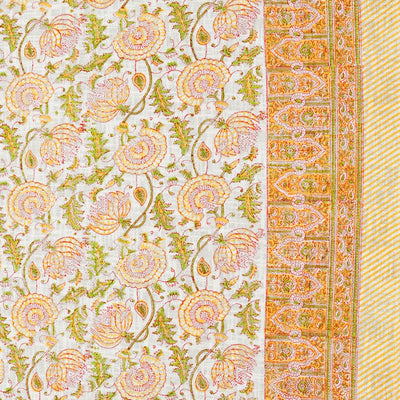 Yellow & Green Floral Jaipuri Block Print Double Bed Cover Set in TNT Fabric (Textured Natural Touch)