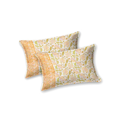 Yellow & Green Floral Jaipuri Block Print Double Bed Cover Set in TNT Fabric (Textured Natural Touch)