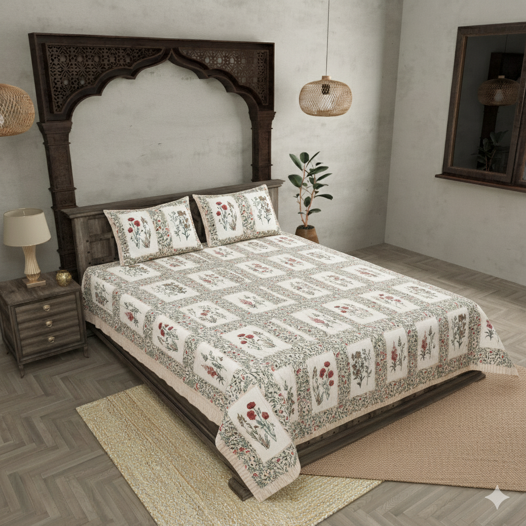 Pink Pot Grid Jaipur Fabric Double Bed Sheet