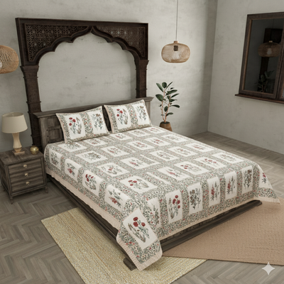 Pink Pot Grid Jaipur Fabric Double Bed Sheet