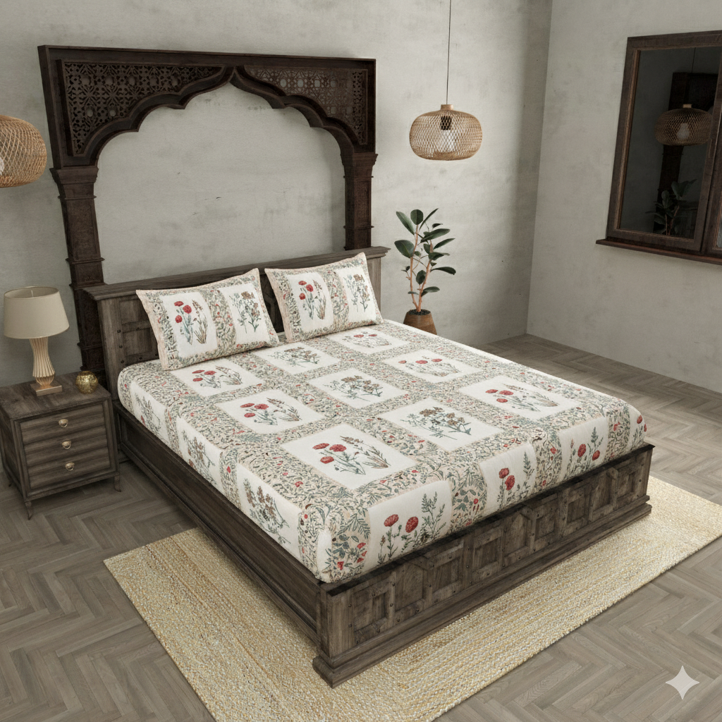 Pink Pot Grid Jaipur Fabric Double Bed Sheet