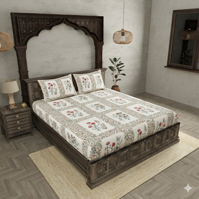 Pink Pot Grid Jaipur Fabric Double Bed Sheet