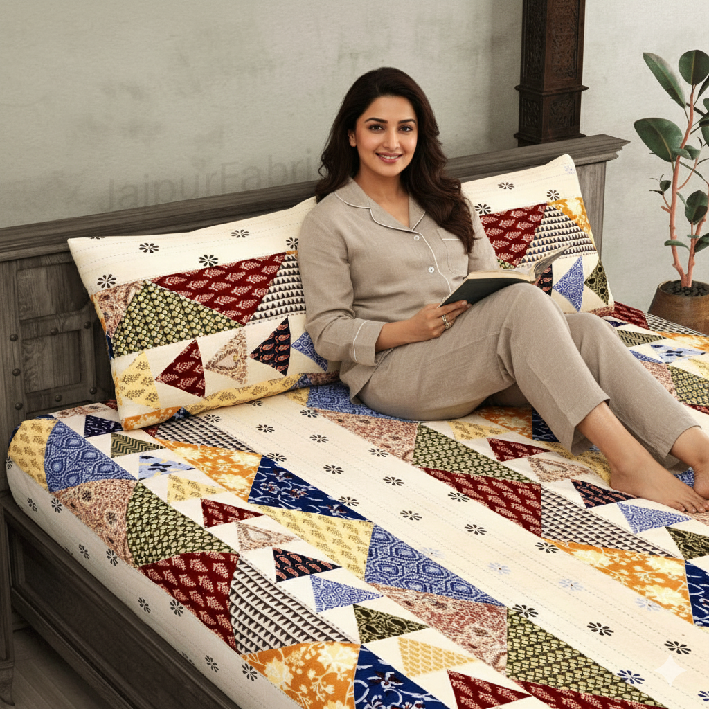 Barmeri Pastel Charm – Twill Cotton Double Bedsheet with Colorful Patchwork Design