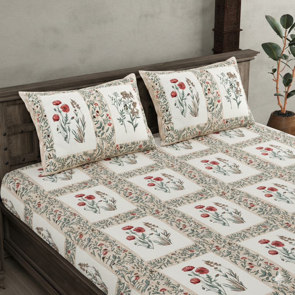 Pink Pot Grid Jaipur Fabric Double Bed Sheet