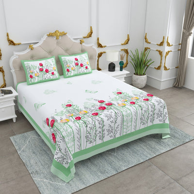 Mint Green Spring Garden Butterfly King Size Bedsheet
