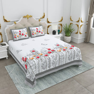Monochrome Charm Butterfly Floral King Size Bedsheet