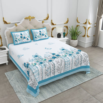 Azure Breeze Floral Butterfly King Size Bedsheet