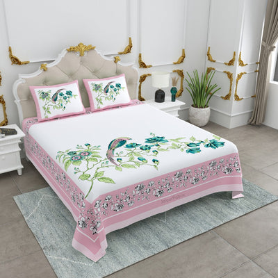 Pink Garden Serenade Bird Motifs King Size Bedsheet