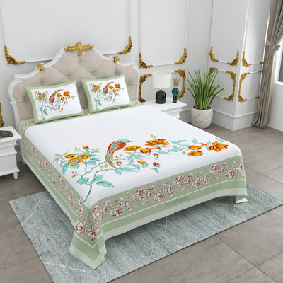 Olive Citrus Bloom Bird Motifs King Size Bedsheet