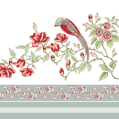 Muted Sage Red Blossom Bird Motifs King Size Bedsheet