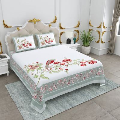 Muted Sage Red Blossom Bird Motifs King Size Bedsheet