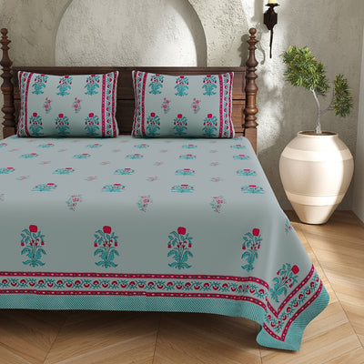 Pastel Blue Base Pink & Teal Floral Block Print King Size 100% Best Pure Cotton Bedsheet
