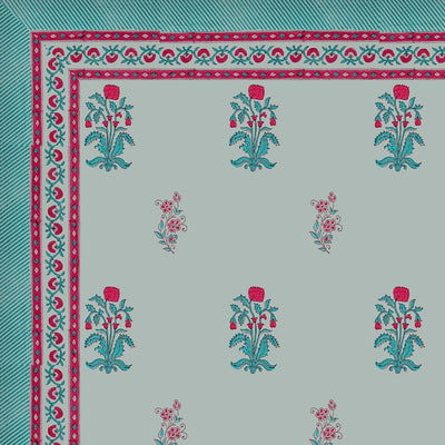 Pastel Blue Base Pink & Teal Floral Hand Block Print King Size 100% Pure Cotton Bedsheet