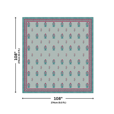 Pastel Blue Base Pink & Teal Floral Hand Block Print King Size 100% Pure Cotton Bedsheet