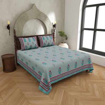 Pastel Blue Base Pink & Teal Floral Hand Block Print King Size 100% Pure Cotton Bedsheet