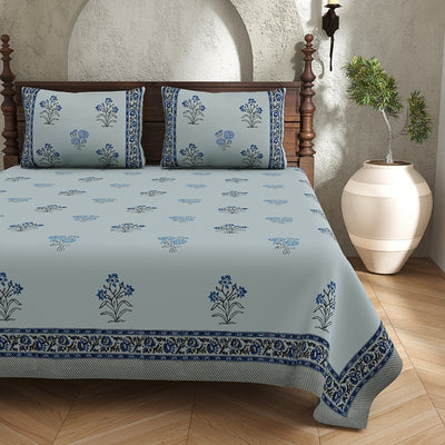 Powder Blue Base Indigo Floral Block Print King Size 100% Best Pure Cotton Bedsheet