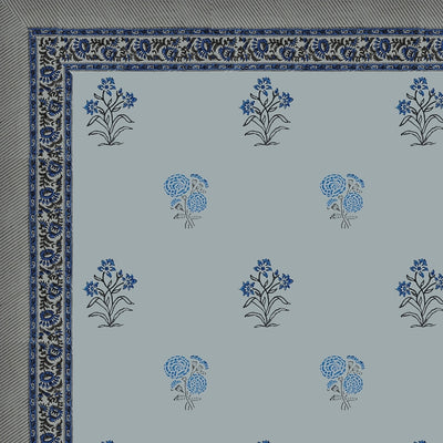 Powder Blue Base Indigo Floral Hand Block Print King Size 100% Pure Cotton Bedsheet