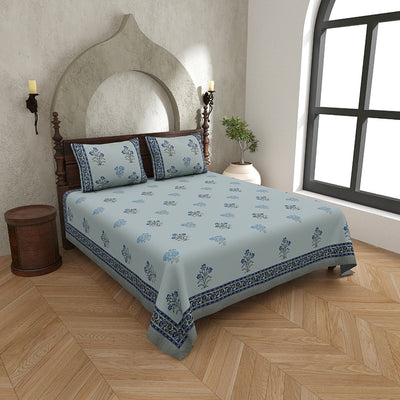 Powder Blue Base Indigo Floral Hand Block Print King Size 100% Pure Cotton Bedsheet