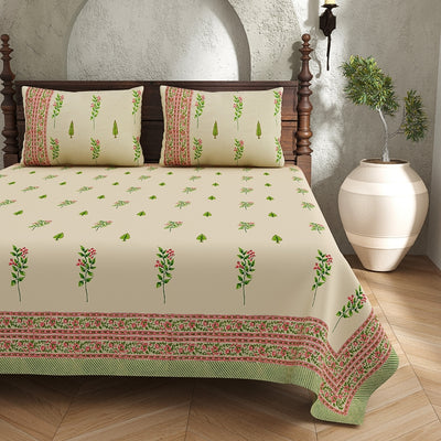 Warm Beige Base Pink & Green Botanical Block Print King Size 100% Best Pure Cotton Bedsheet
