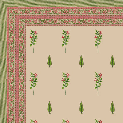 Warm Beige Base Pink & Green Botanical Hand Block Print King Size 100% Pure Cotton Bedsheet