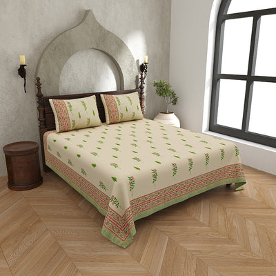 Warm Beige Base Pink & Green Botanical Hand Block Print King Size 100% Pure Cotton Bedsheet