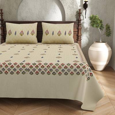 Soft Cream Base Multi-Color Floral Motif Block Print King Size 100% Best Pure Cotton Bedsheet