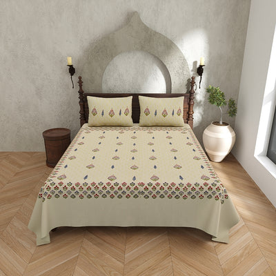 Soft Cream Base Multi-Color Floral Motif Hand Block Print King Size 100% Pure Cotton Bedsheet
