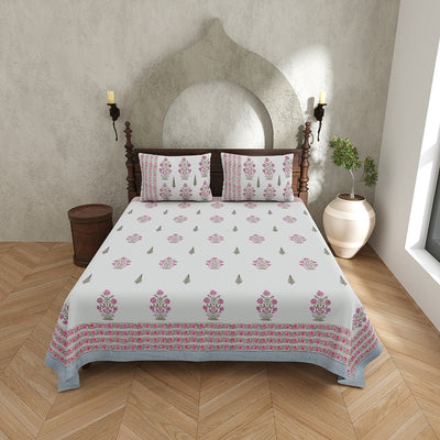 Ice Blue Base Magenta Floral Bouquet Hand Block Print King Size 100% Pure Cotton Bedsheet