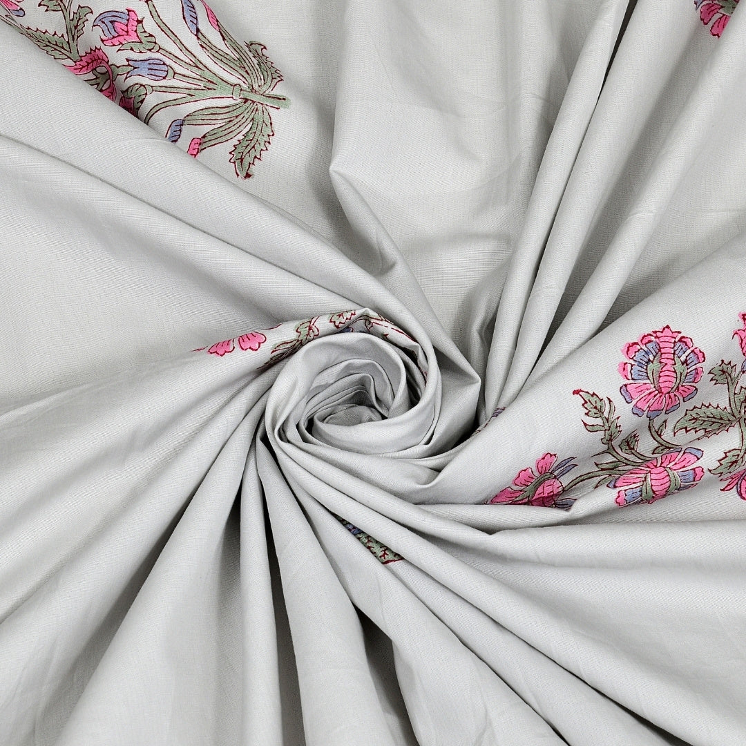 Ice Blue Base Magenta Floral Bouquet Hand Block Print King Size 100% Pure Cotton Bedsheet
