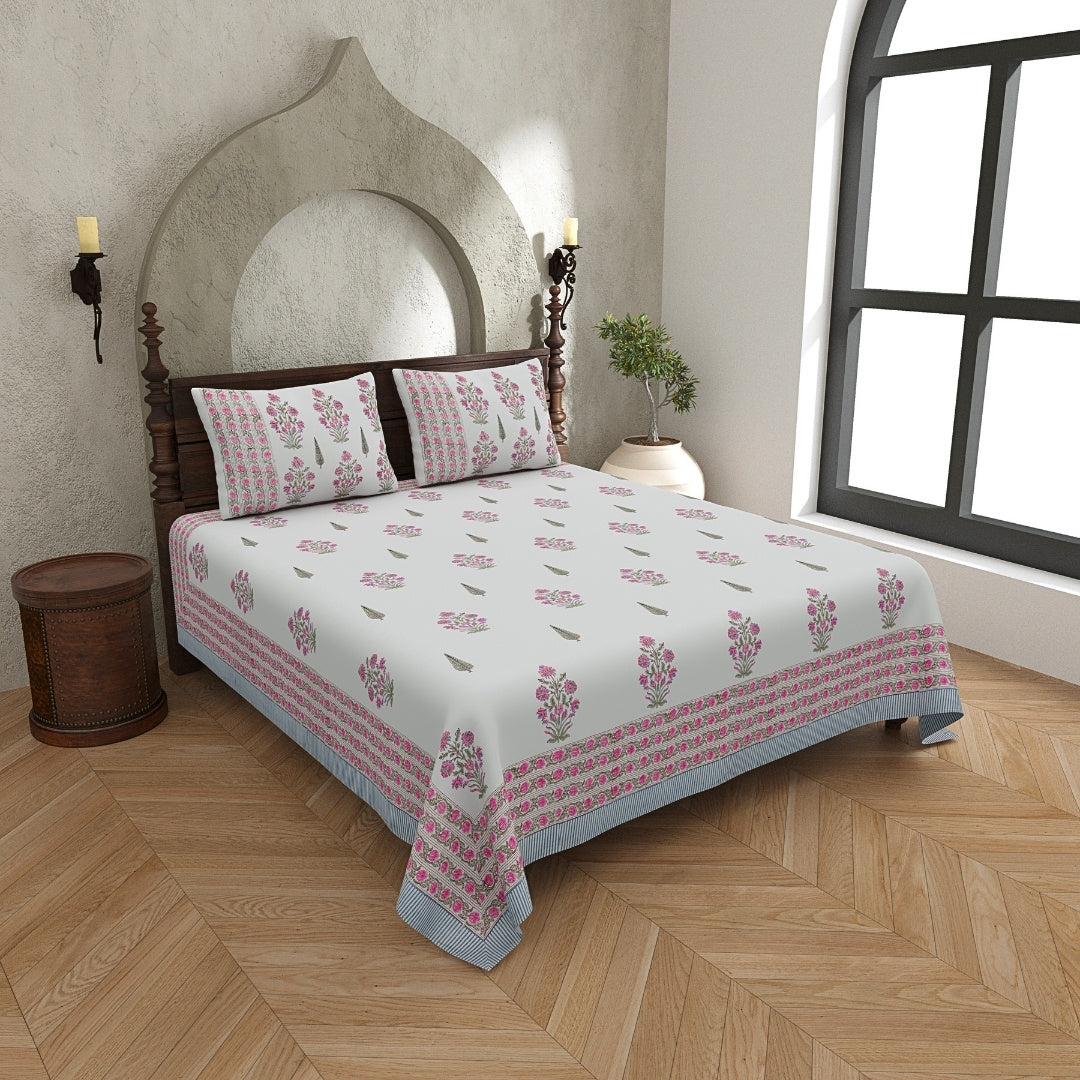 Ice Blue Base Magenta Floral Bouquet Hand Block Print King Size 100% Pure Cotton Bedsheet