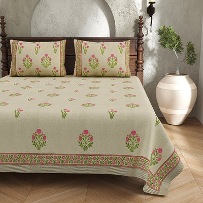 Sand Base Bright Pink Floral Block Print King Size 100% Best Pure Cotton Bedsheet