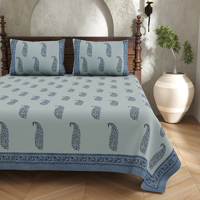 Slate Blue Base Indigo Paisley Block Print King Size 100% Best Pure Cotton Bedsheet
