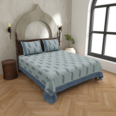Slate Blue Base Indigo Paisley Hand Block Print King Size 100% Pure Cotton Bedsheet