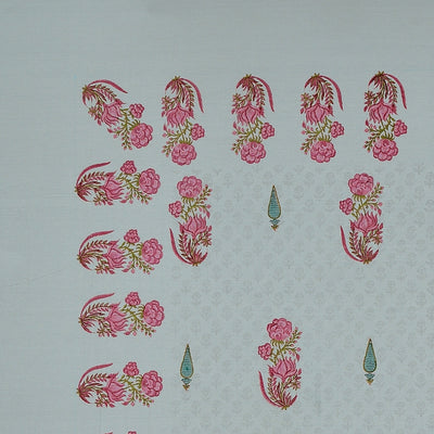 Mint Green Base Rose Pink Lotus Hand Block Print King Size 100% Pure Cotton Bedsheet