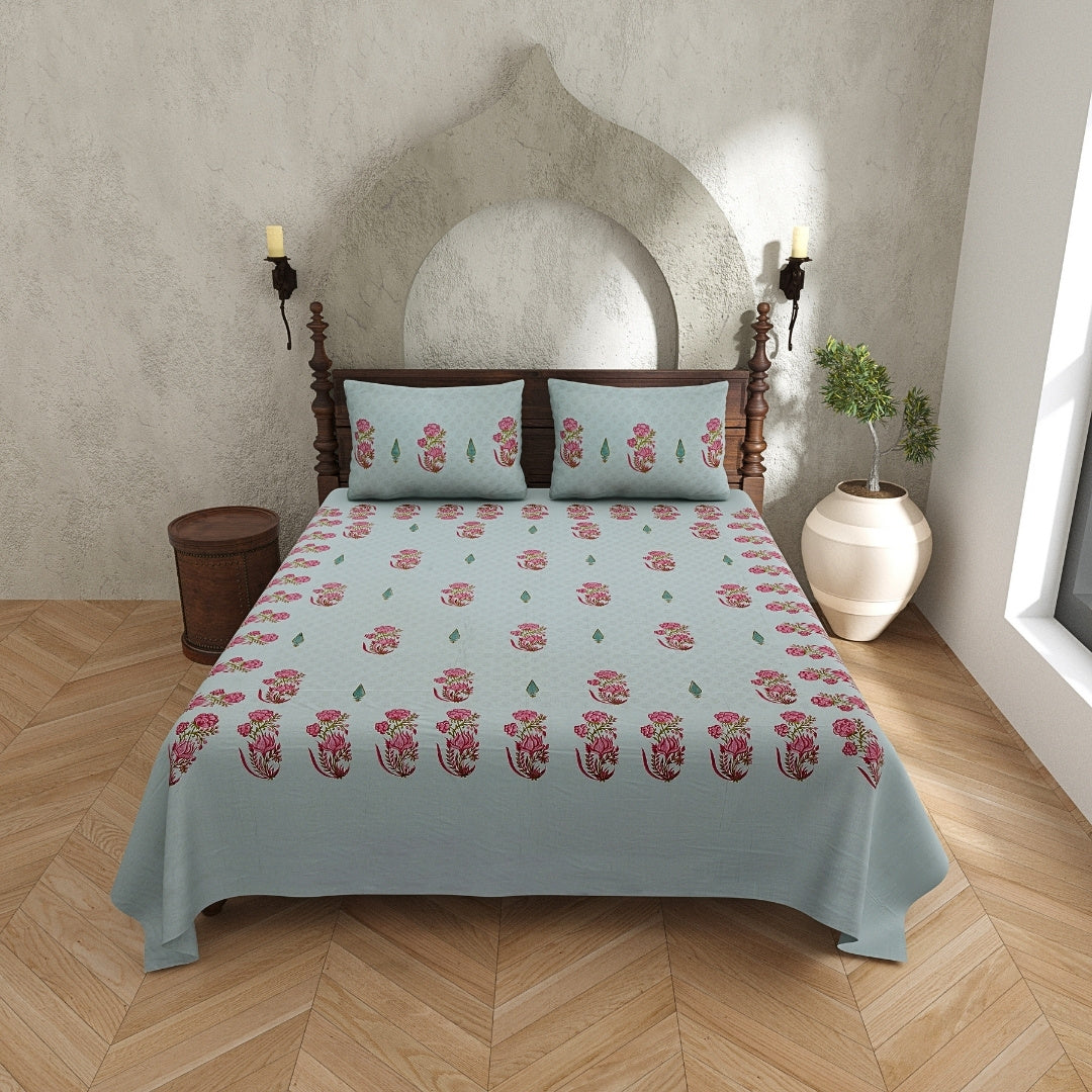 Mint Green Base Rose Pink Lotus Hand Block Print King Size 100% Pure Cotton Bedsheet