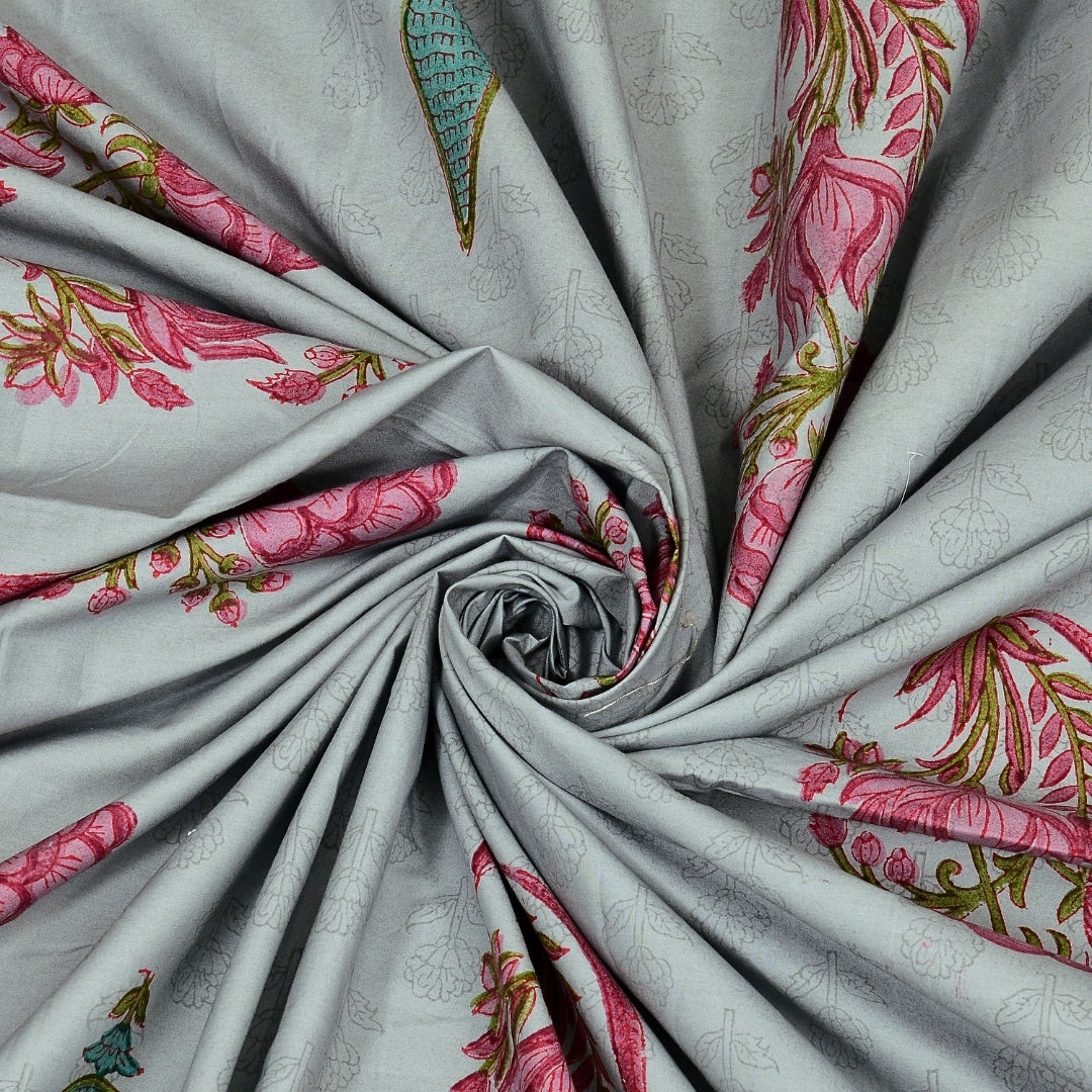 Mint Green Base Rose Pink Lotus Hand Block Print King Size 100% Pure Cotton Bedsheet