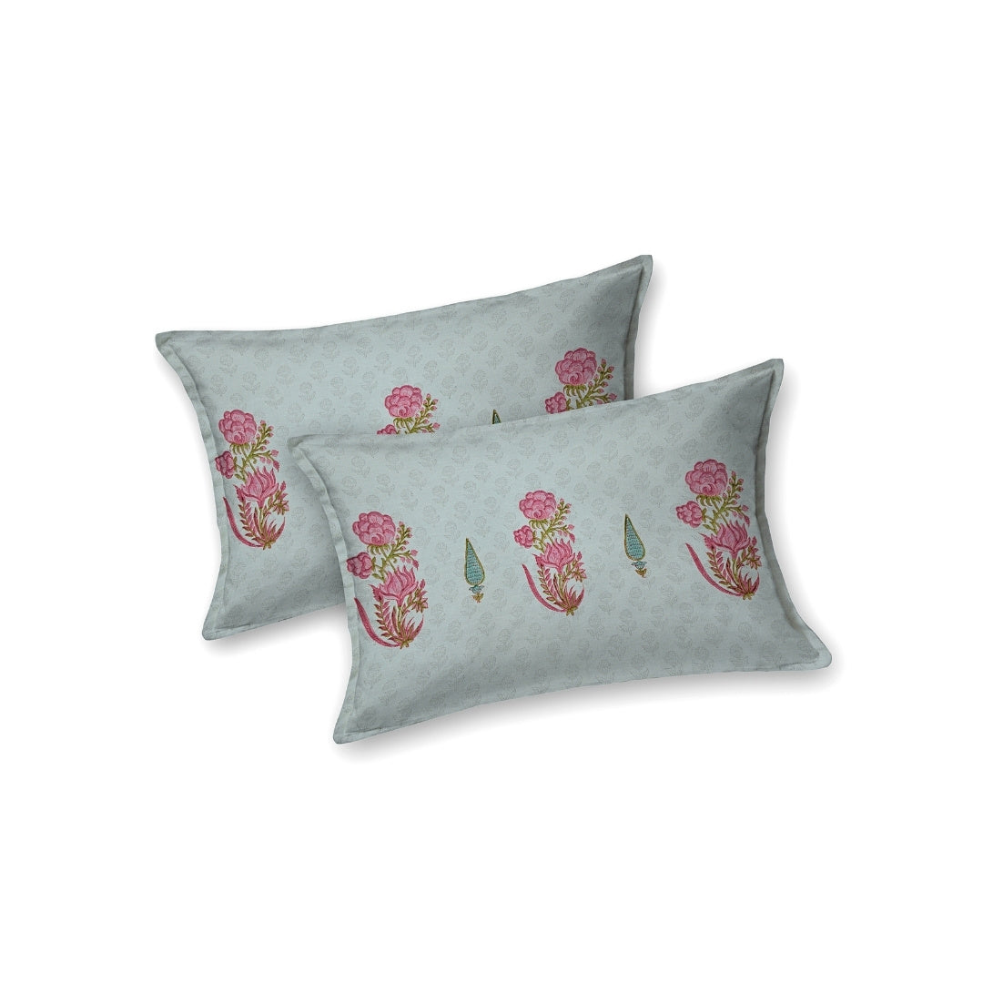Mint Green Base Rose Pink Lotus Hand Block Print King Size 100% Pure Cotton Bedsheet