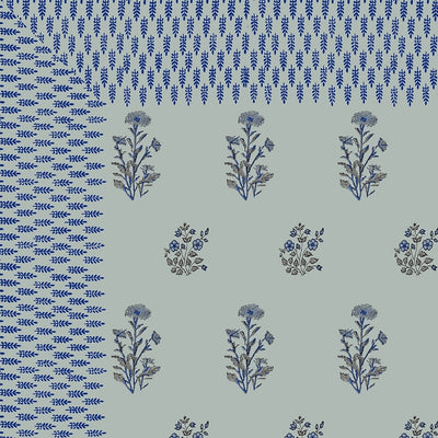 Sage Green Base Deep Blue Floral Hand Block Print King Size 100% Pure Cotton Bedsheet