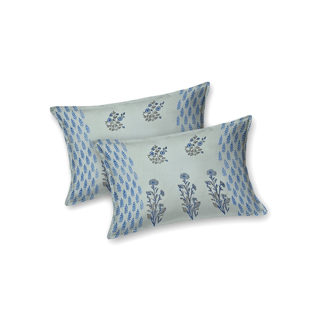 Sage Green Base Deep Blue Floral Hand Block Print King Size 100% Pure Cotton Bedsheet