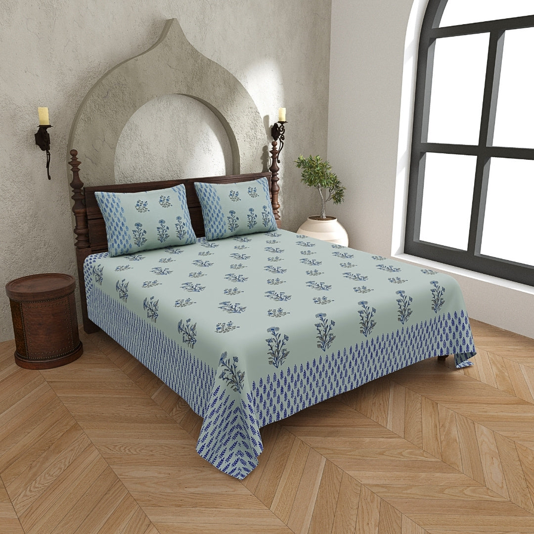 Sage Green Base Deep Blue Floral Hand Block Print King Size 100% Pure Cotton Bedsheet