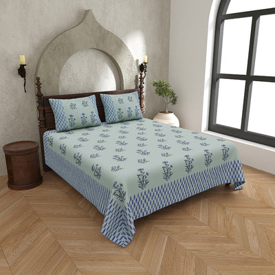 Sage Green Base Deep Blue Floral Hand Block Print King Size 100% Pure Cotton Bedsheet