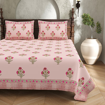 Blush Pink Base Rose Floral Block Print King Size 100% Best Pure Cotton Bedsheet